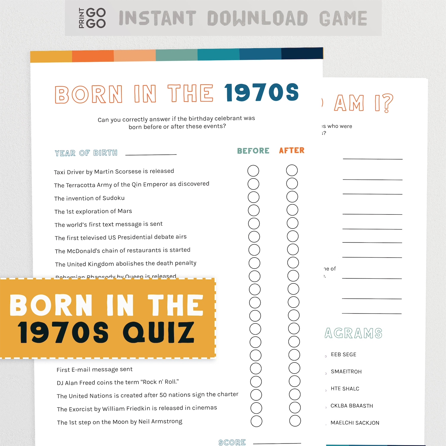 Quiz sheet titled 'Born in the 1970s' with event questions and space for answers.