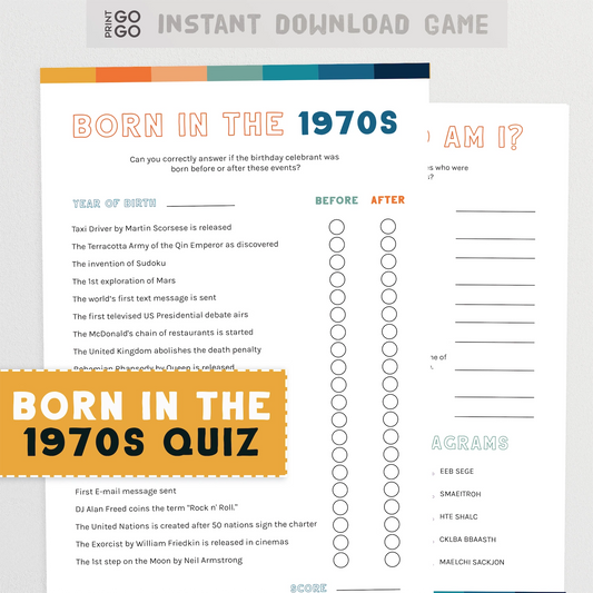 Quiz sheet titled 'Born in the 1970s' with event questions and space for answers.