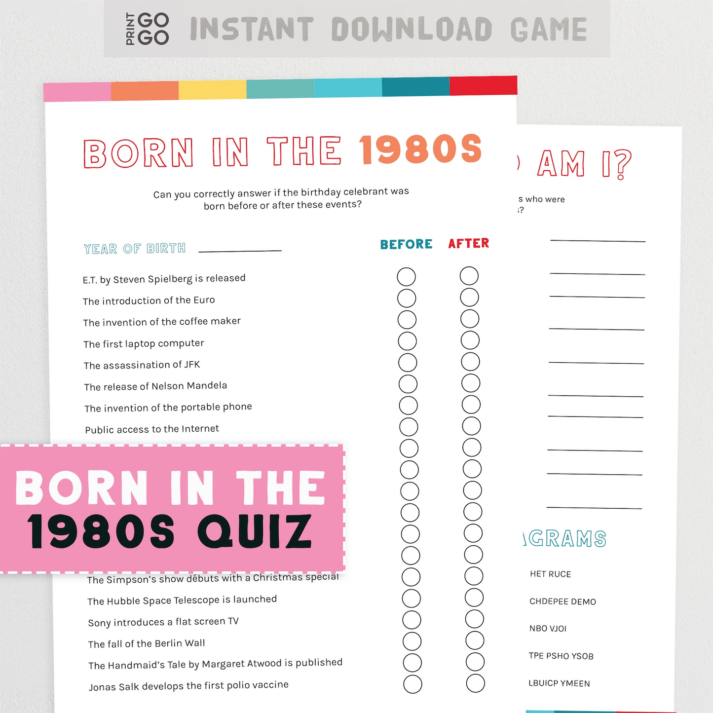 1980s themed quiz game with event list and checkboxes on a light gray background