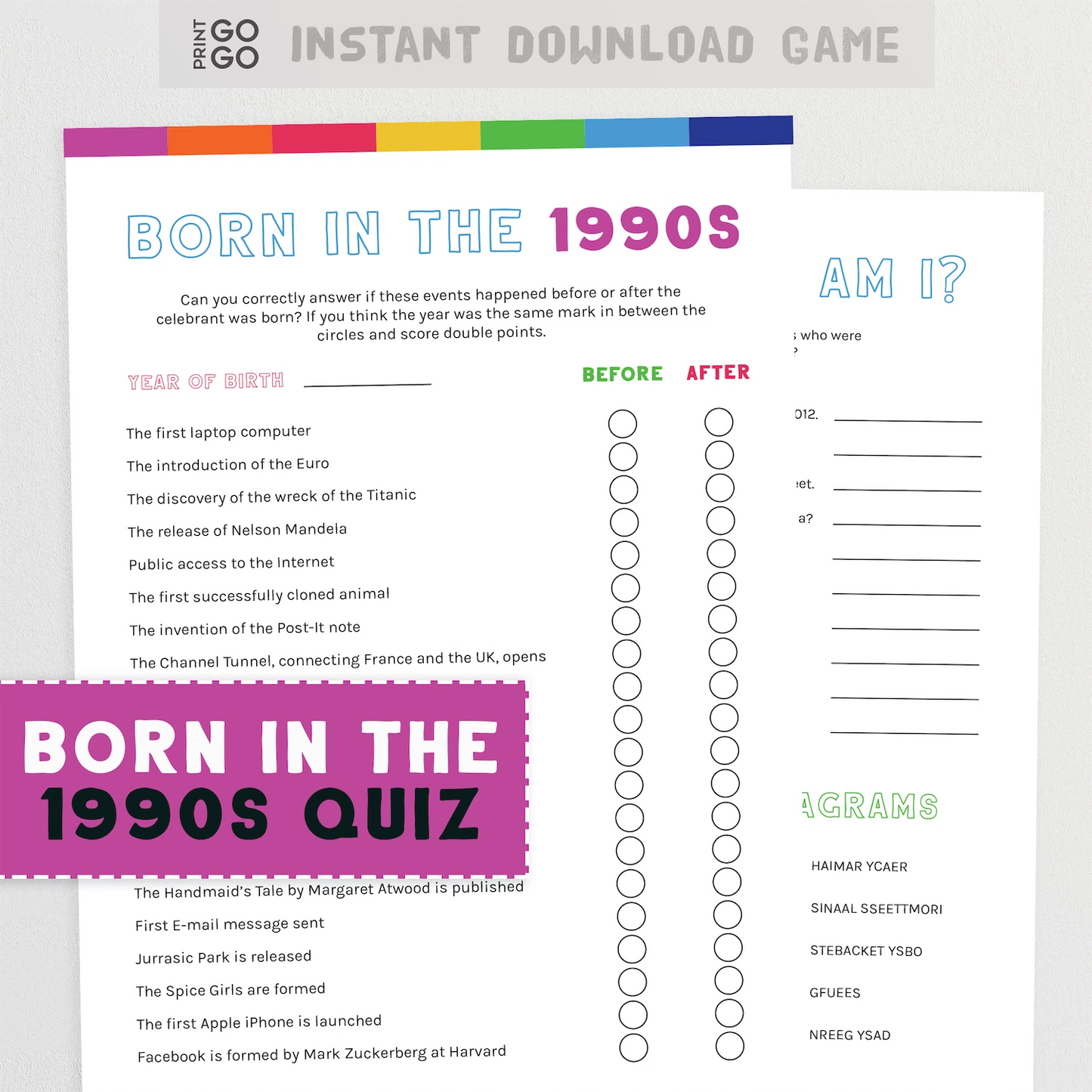Quiz sheet titled 'Born in the 1990s' with a list of events and space for scoring.