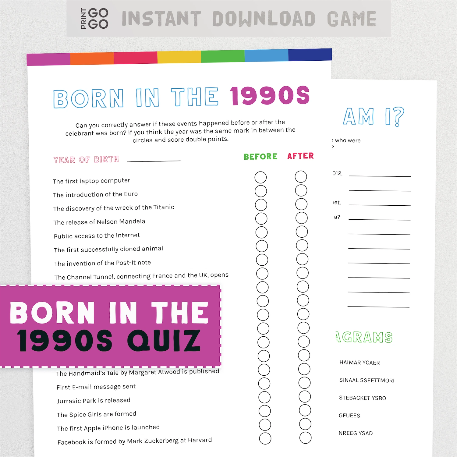 Quiz sheet titled 'Born in the 1990s' with a list of events and space for scoring.