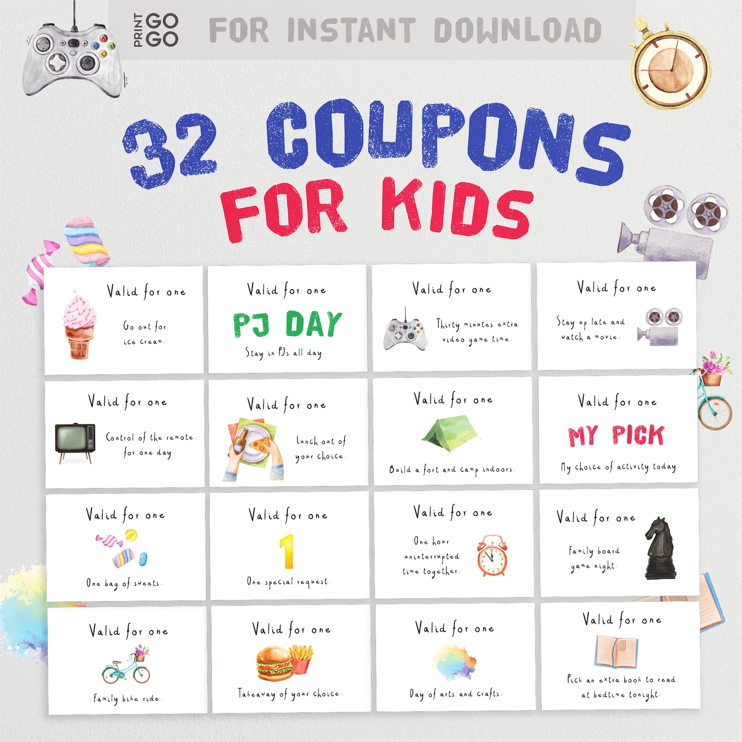 Instant download coupons for kids - illustrated cards and activity ideas for a budget friendly gift.