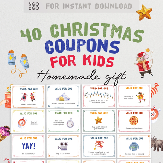 Set of instant download Christmas coupons for kids with cartoon illustrations and fun daily prompts.
