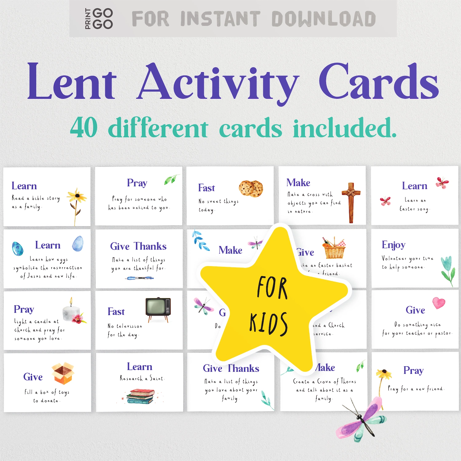 Lent Activity Cards for kids with a yellow star and text indicating 40 different cards included.
