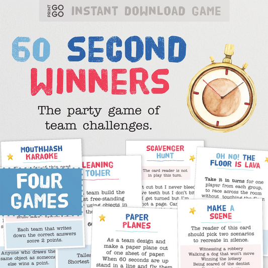 Instant download '60 Second Winners' game with a clock graphic and game cards.