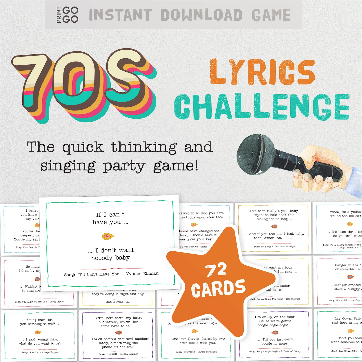 Instant download 70s Songs Lyrics Challenge Game - The Quick Thinking and Singing Family Party Game