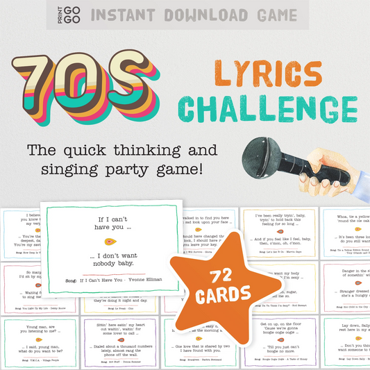 Instant download 70s Songs Lyrics Challenge Game - The Quick Thinking and Singing Family Party Game