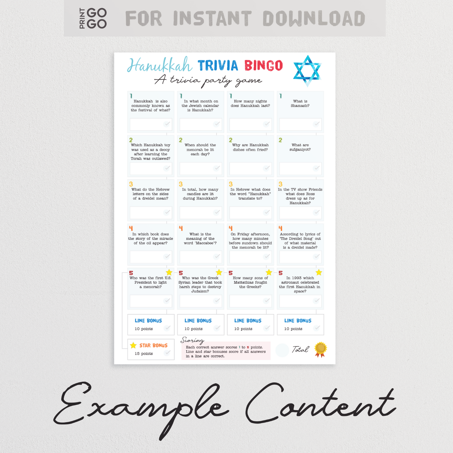 Instant download Hanukkah trivia quiz question sheet.