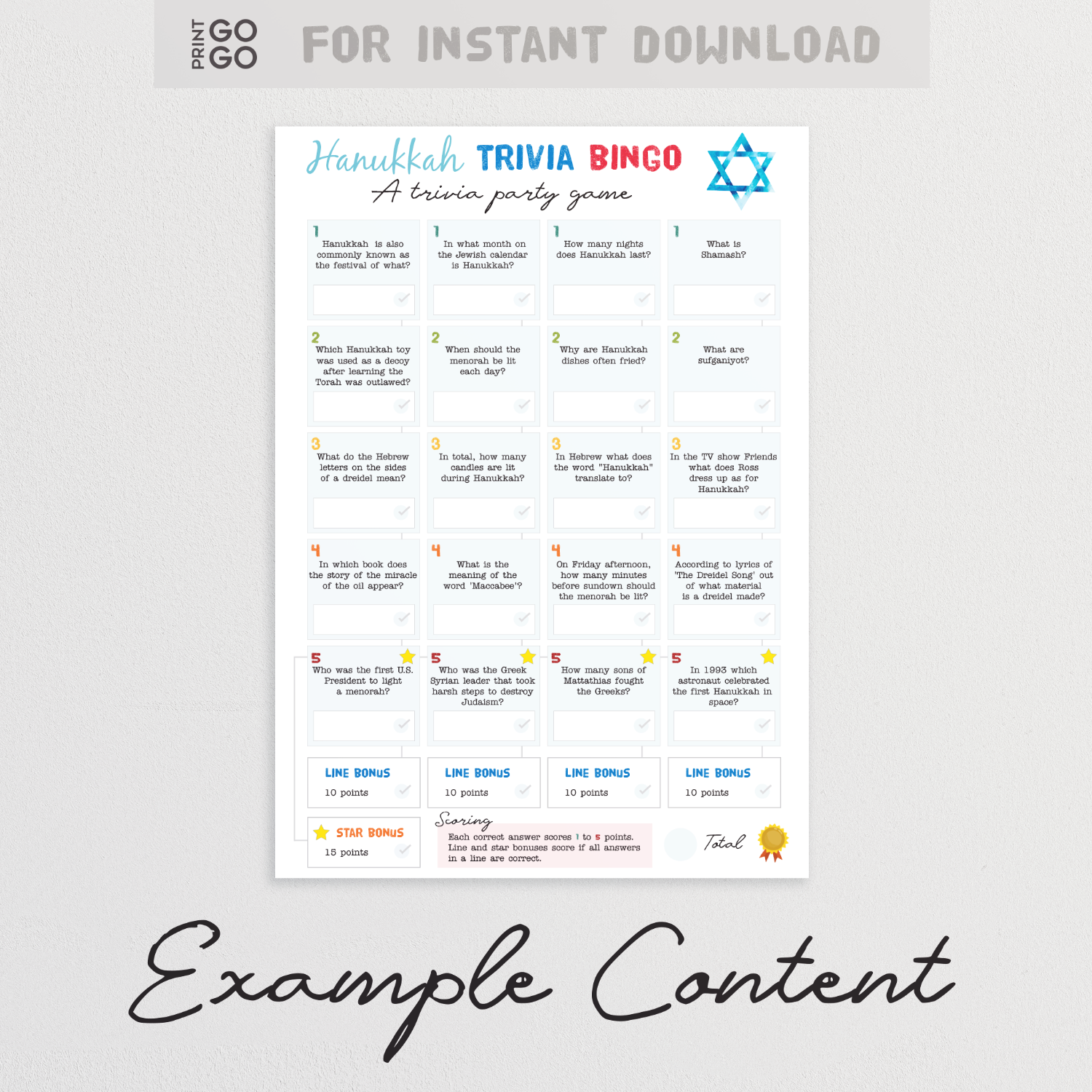 Instant download Hanukkah trivia quiz question sheet.