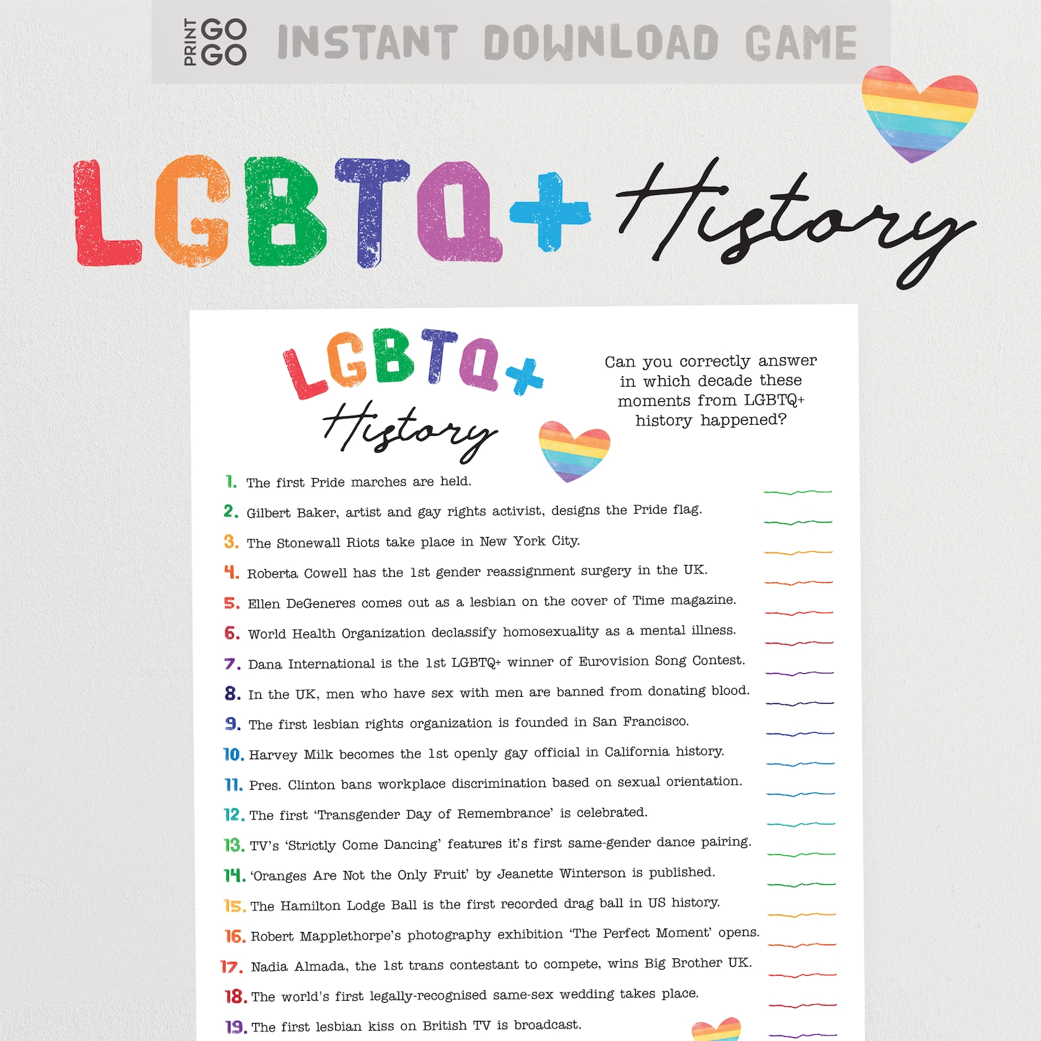 LGBTQ+ History trivia game with colorful text and rainbow heart symbols on a white background.