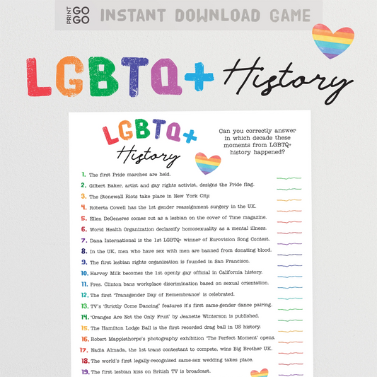LGBTQ+ History trivia game with colorful text and rainbow heart symbols on a white background.