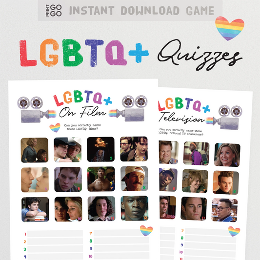 LGBTQ+ Film and Television Picture Quizzes, presented on A4 paper. A colourful rainbow heart and the title 'LGBTQ+ Quizzes' are above.