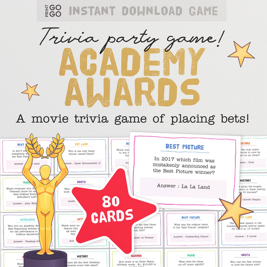 Academy Awards trivia party game with 80 cards and a gold statue on a white background.