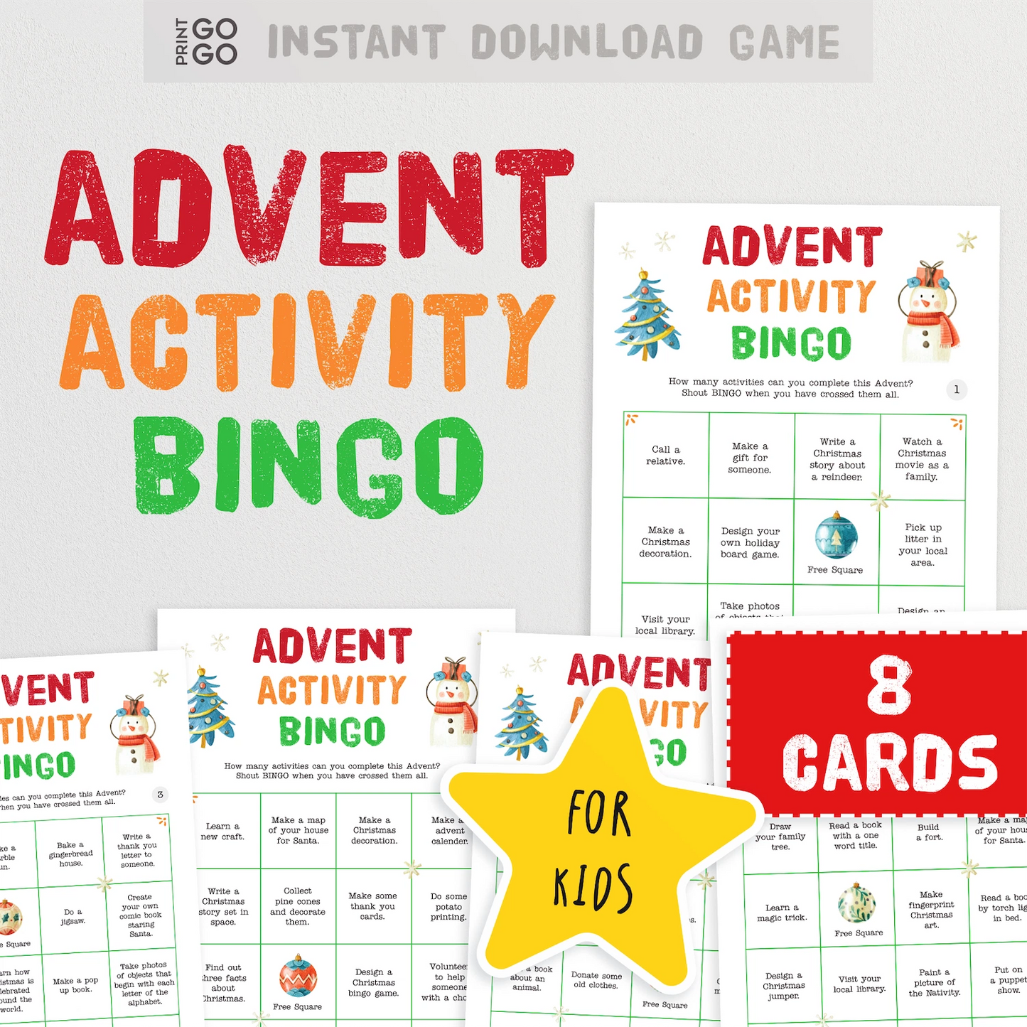 Instant download Advent Activity Bingo game cards with Christmas-themed activities.