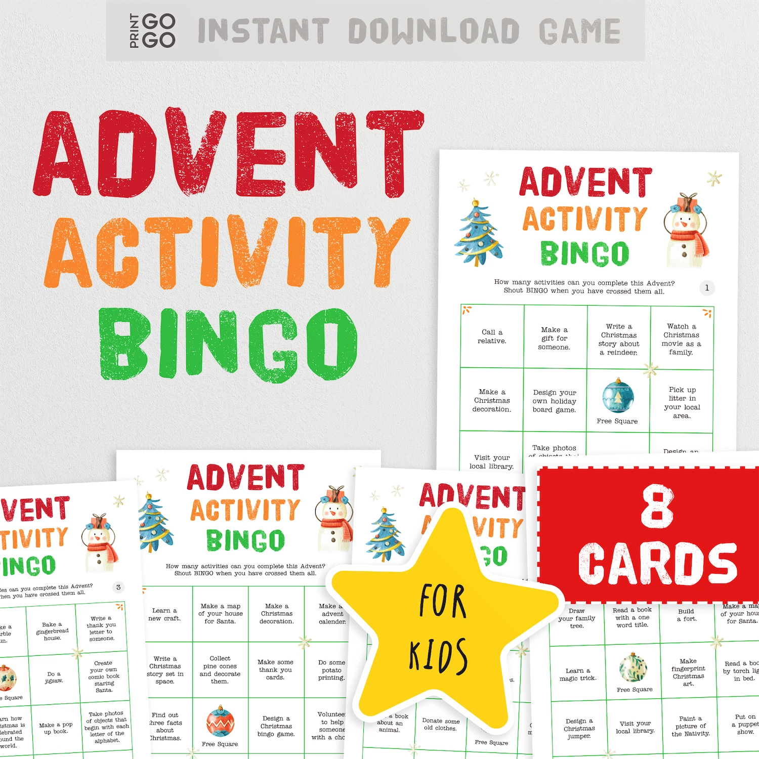 Instant download Advent Activity Bingo game cards with Christmas-themed activities.