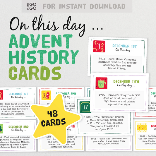 Advent history cards with historical facts on a gray background