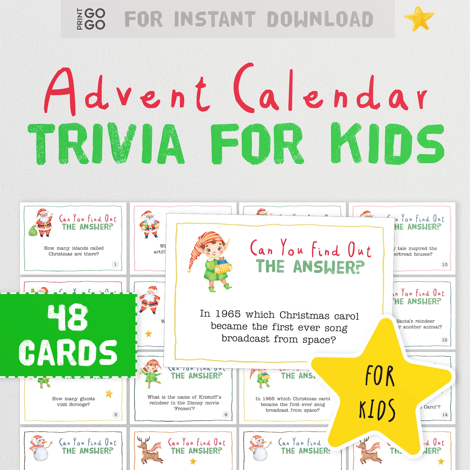Advent Calendar Trivia for Kids with 48 cards, featuring Christmas-themed questions.
