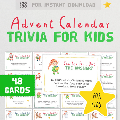 Advent Calendar Trivia for Kids with 48 cards, featuring Christmas-themed questions.
