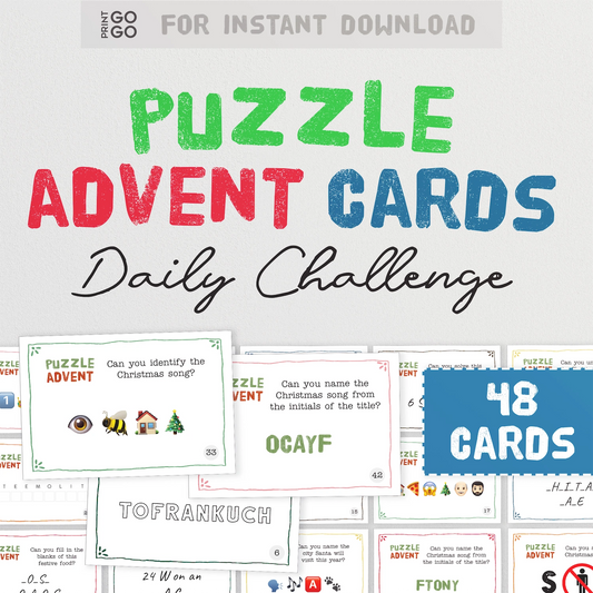 Instant download puzzle advent cards, daily challenges for homemade calendars.