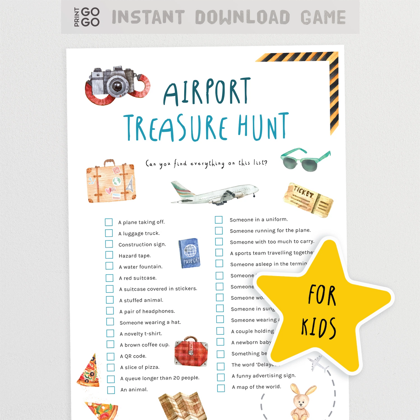 Airport Treasure Hunt game sheet for kids with illustrations and text on a white background.