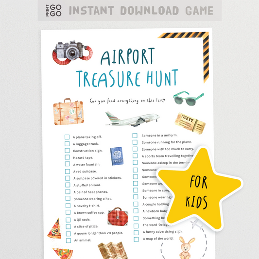 Airport Treasure Hunt game sheet for kids with illustrations and text on a white background.