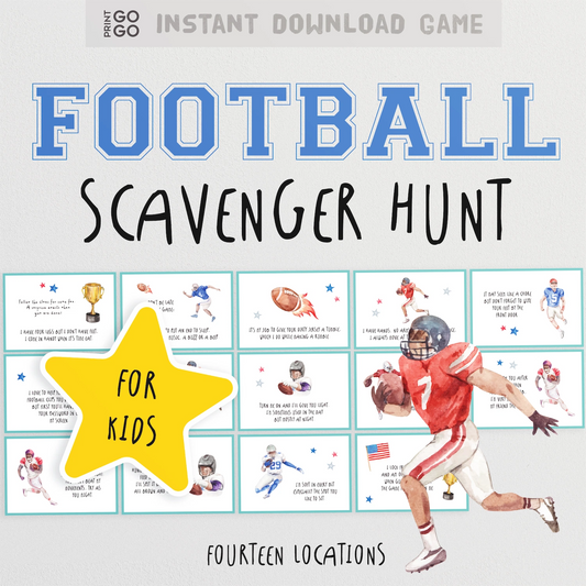 Football Scavenger Hunt game for kids with player illustration and text on a light gray background