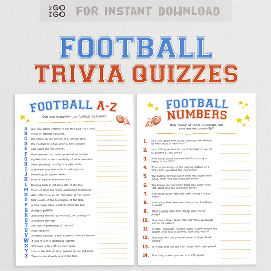 Two pages of football trivia quizzes with colorful text and headers on a light gray background.