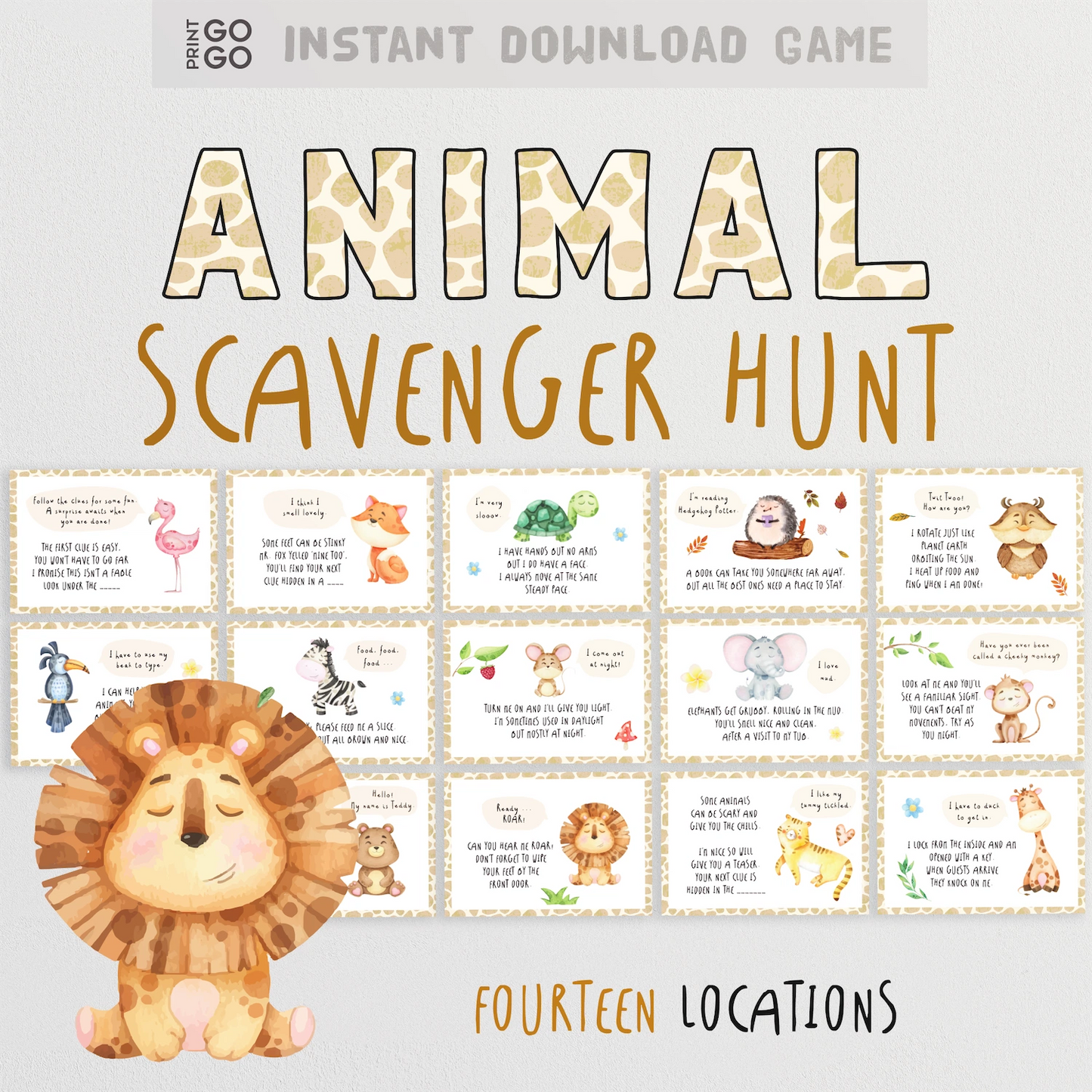 Animal Scavenger Hunt game with lion illustration and text on a light gray background