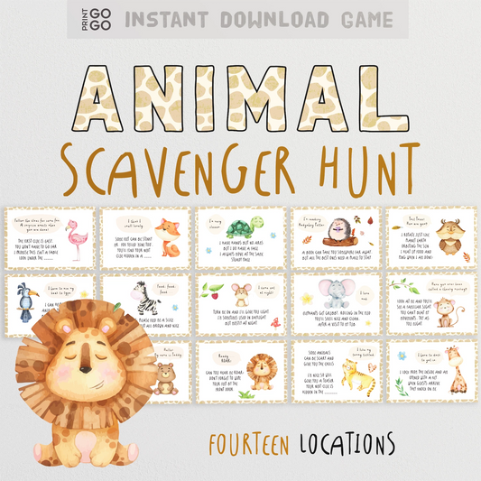 Animal Scavenger Hunt game with lion illustration and text on a light gray background