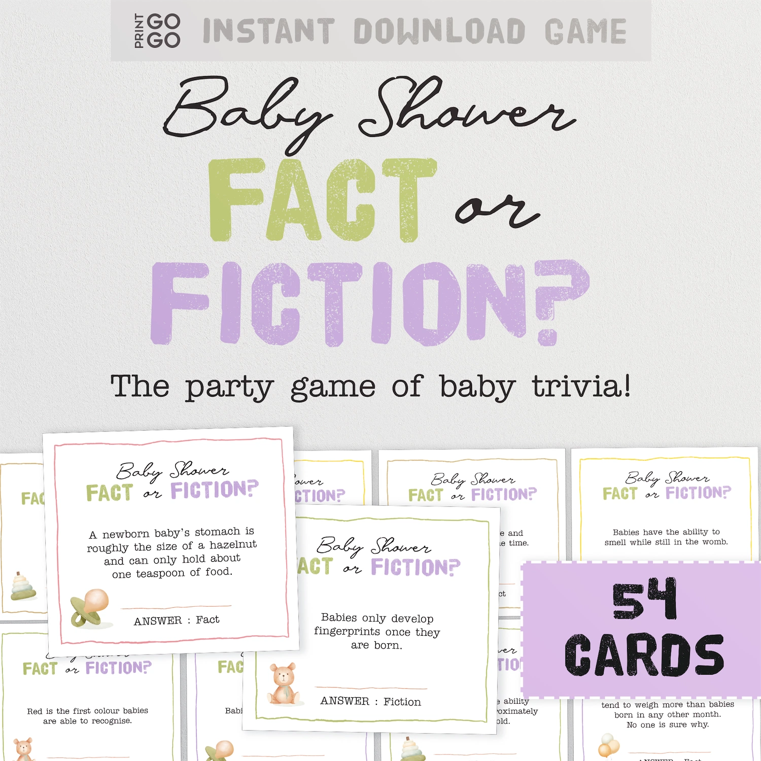 Instant download Baby shower game cards titled 'Fact or Fiction' with text and graphics on a white background.