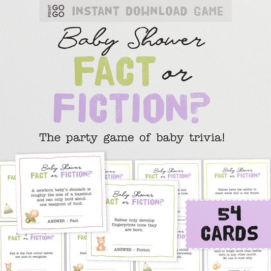 Instant download Baby shower game cards titled 'Fact or Fiction' with text and graphics on a white background.