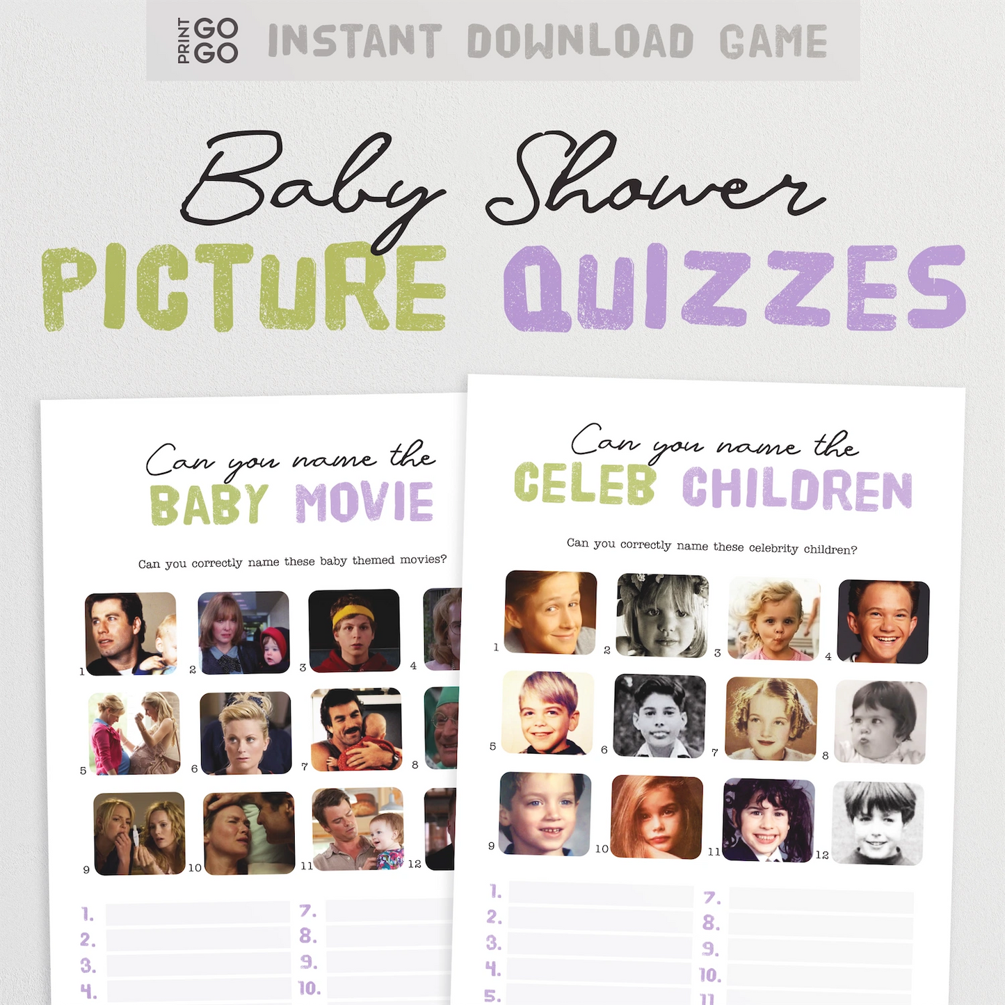 Baby shower picture quizzes with images of babies and celebrities on a white background.