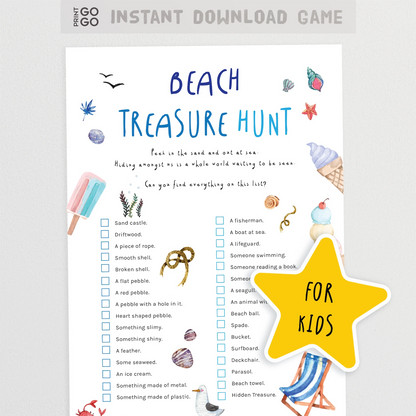 Beach treasure hunt game sheet for kids with illustrations and text on a white background.