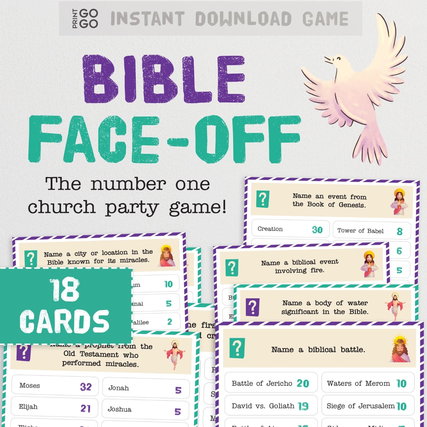 Bible Face-Off game packaging with cards and dove illustration on a light gray background