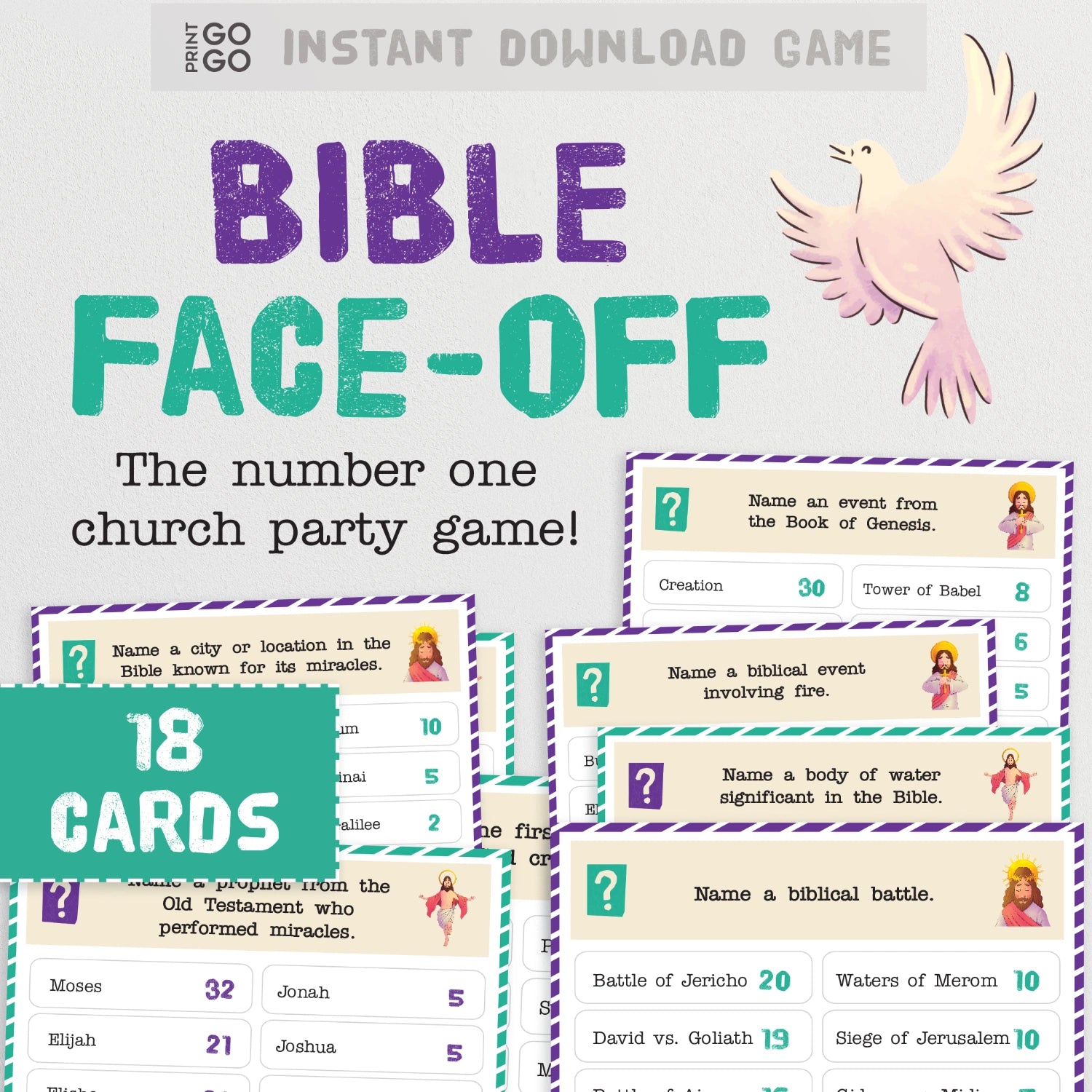 Bible Face-Off game packaging with cards and dove illustration on a light gray background