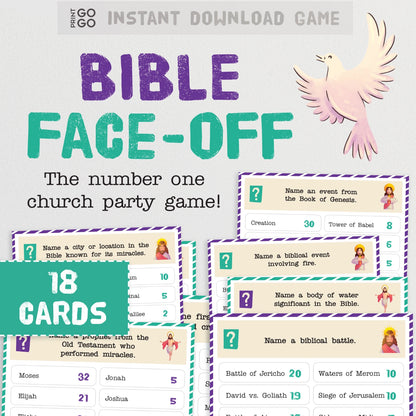 Bible Face-Off game packaging with cards and dove illustration on a light gray background