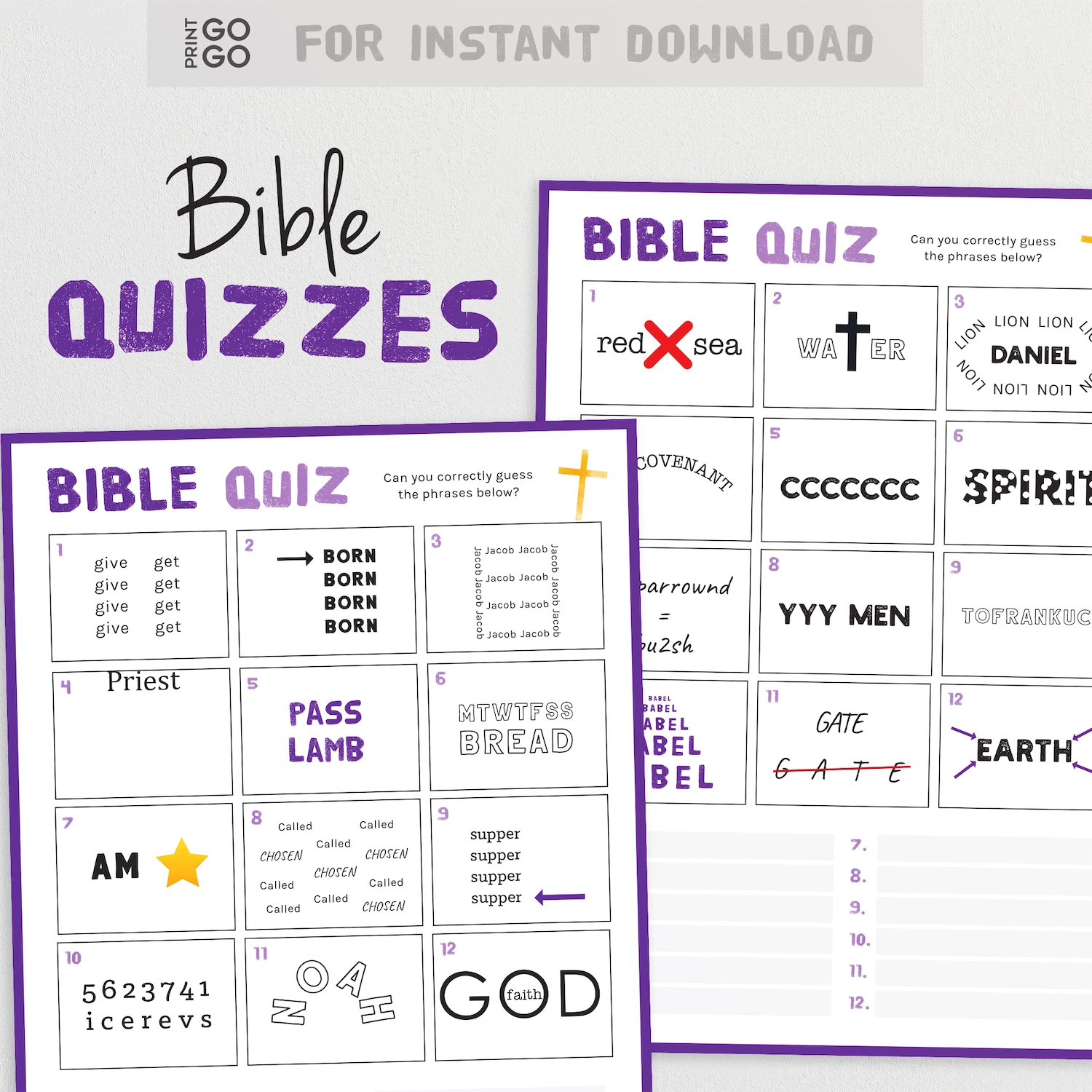 Instant download Bible picture quizzes with answers on a white background.