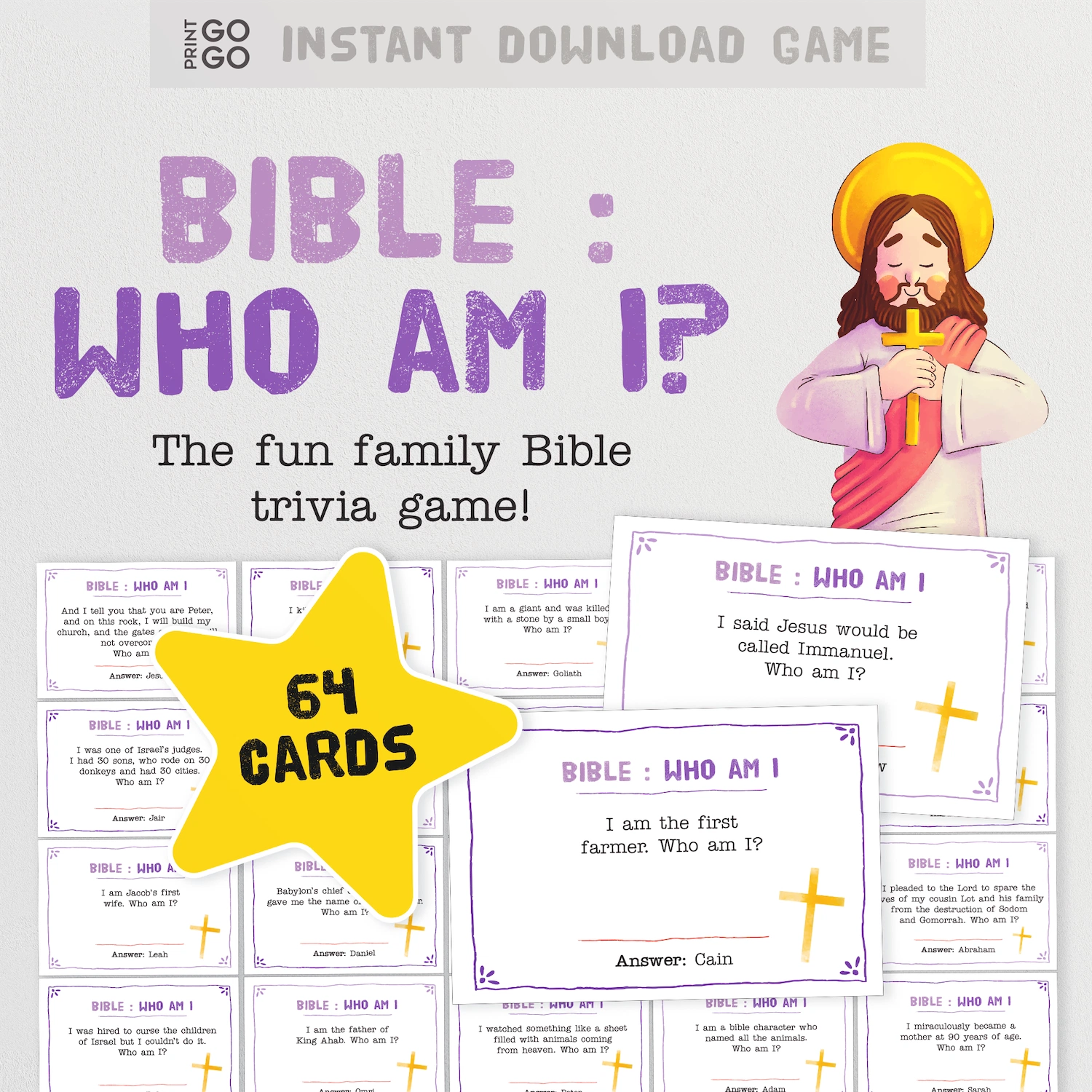 Instant download Bible trivia game for families.