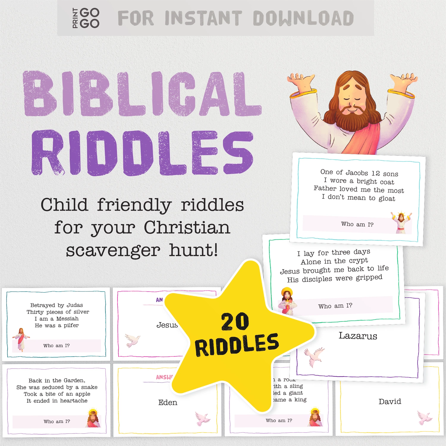 Biblical riddles for a Christian scavenger hunt with Jesus illustration and text.