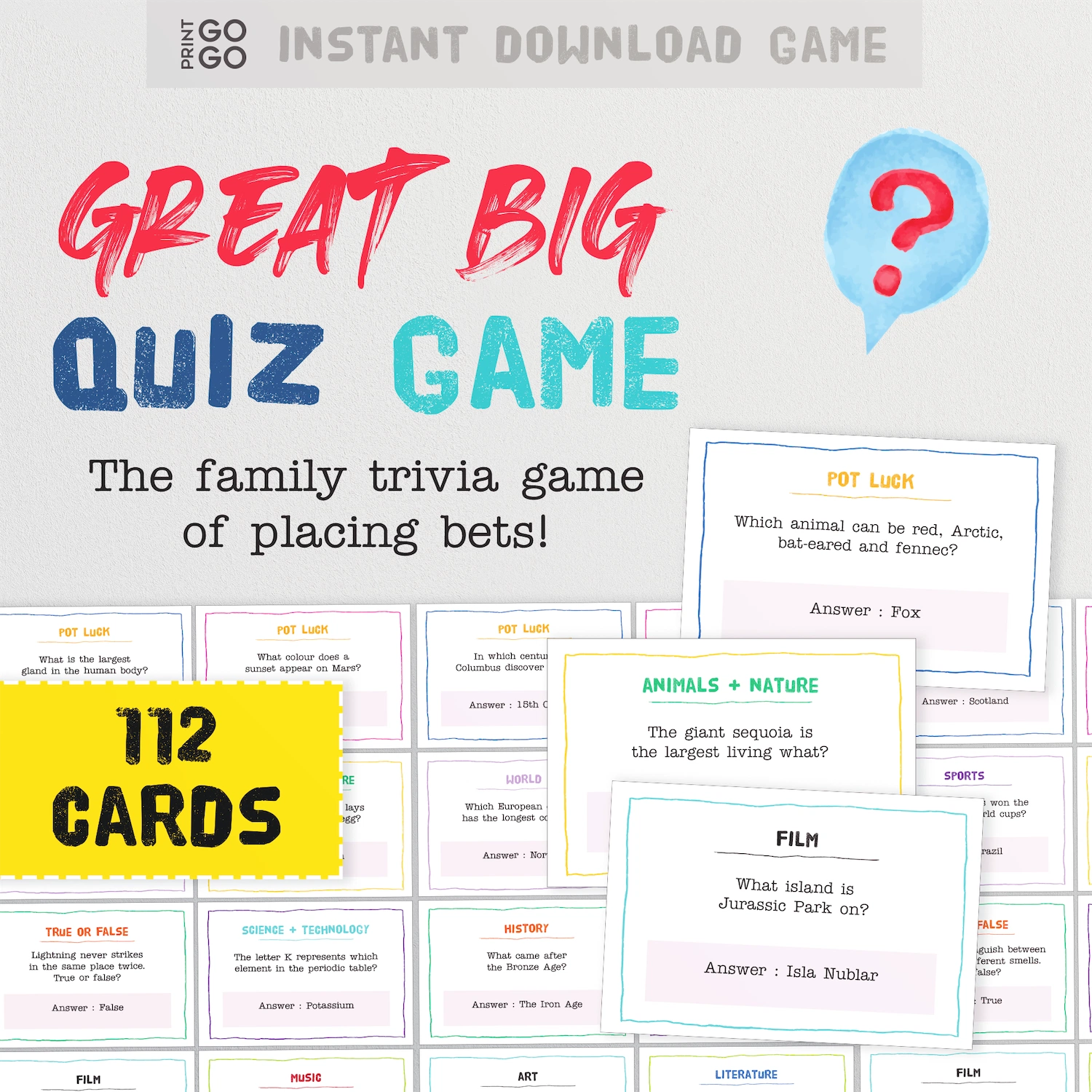 Instant download family trivia game example cards and content.