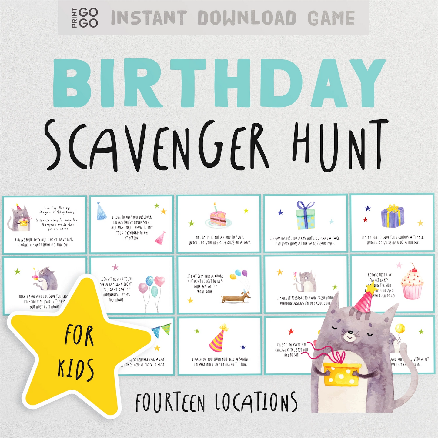 Birthday scavenger hunt game for kids with cartoon illustrations and text on a white background.