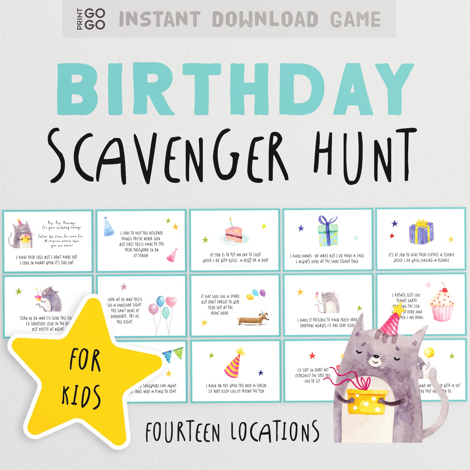 Birthday scavenger hunt game for kids with cartoon illustrations and text on a white background.