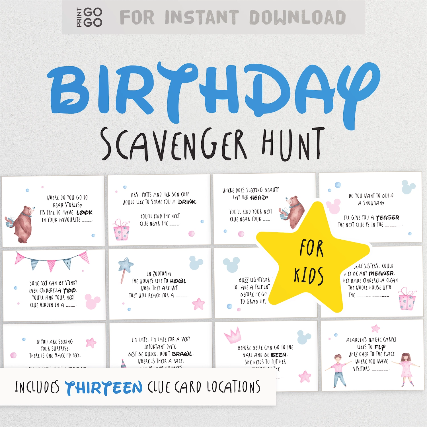 Birthday scavenger hunt for kids with clue cards on a white background
