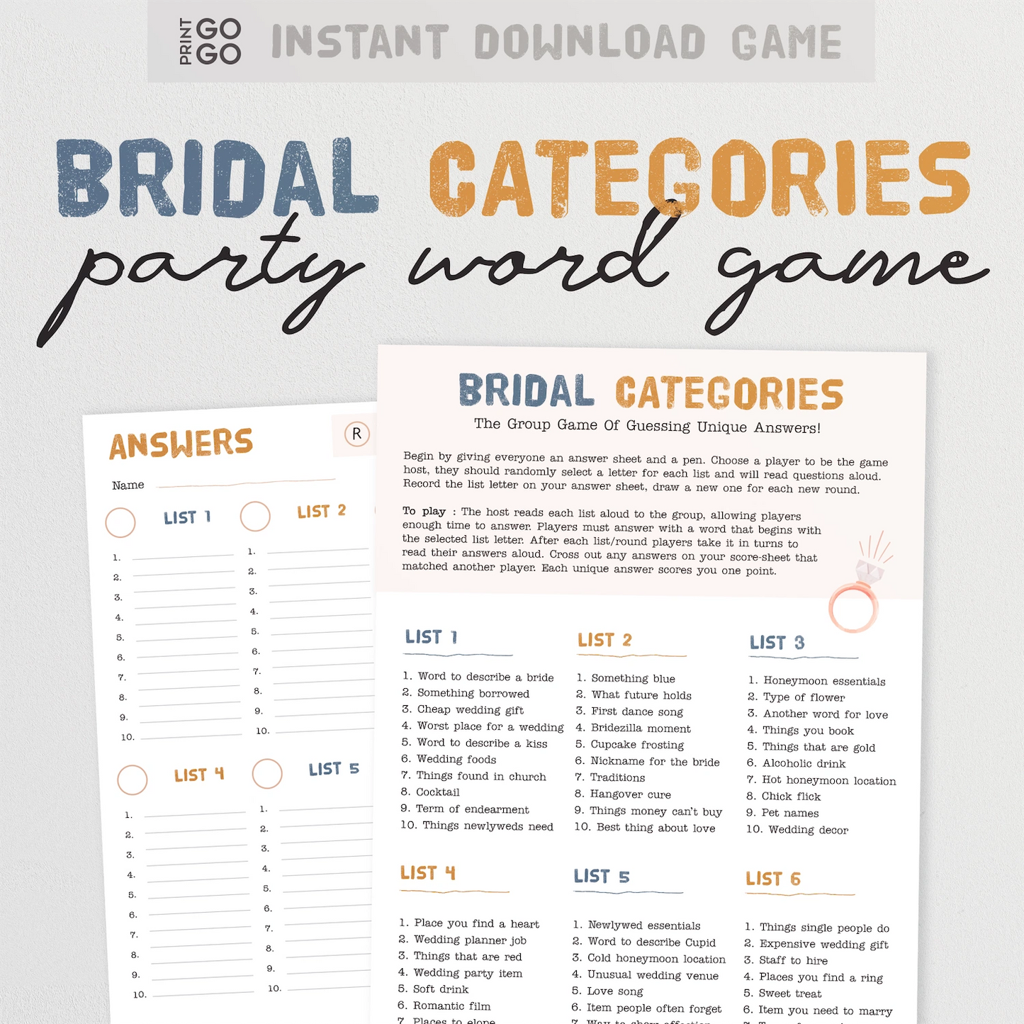 Bridal Categories party word game sheet with text and lists on a white background