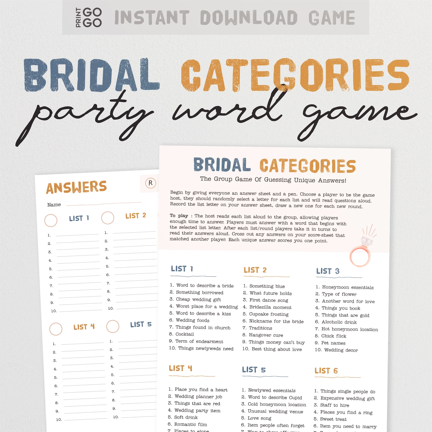 Bridal Categories party word game sheet with text and lists on a white background