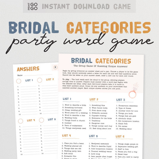 Bridal Categories party word game sheet with text and lists on a white background