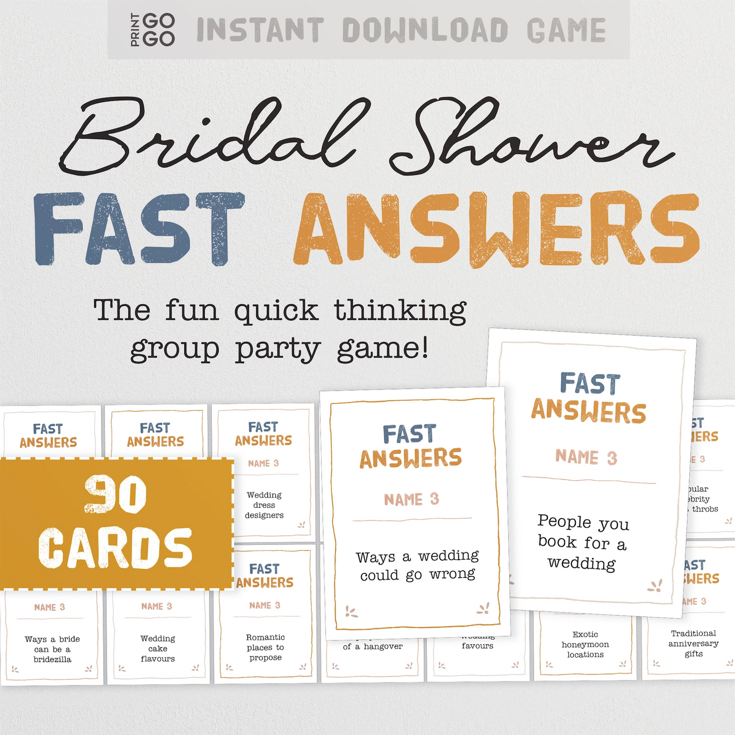 Bridal shower game packaging with 'Fast Answers' cards on a white background