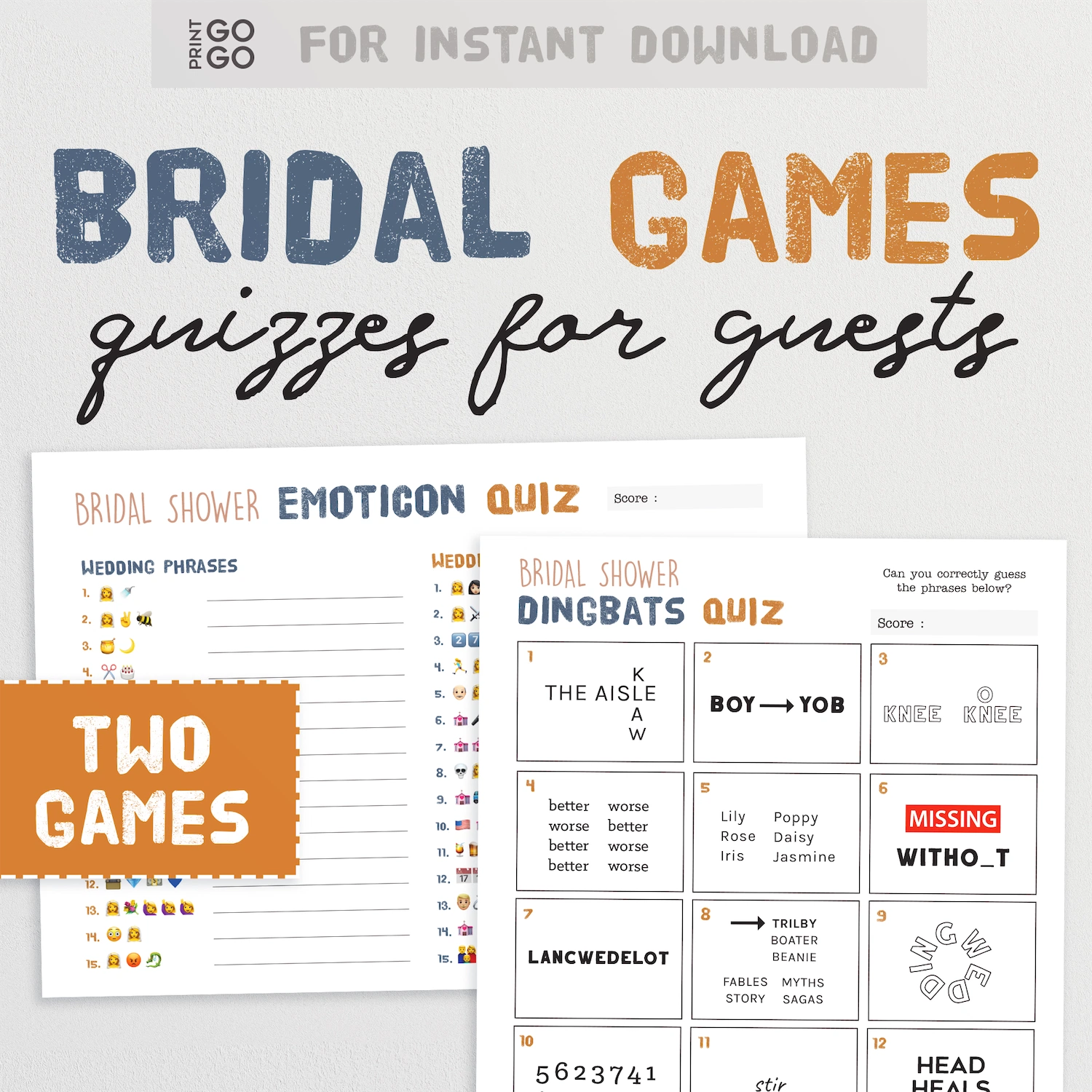 Bridal shower game sheets with quizzes for guests on a white background