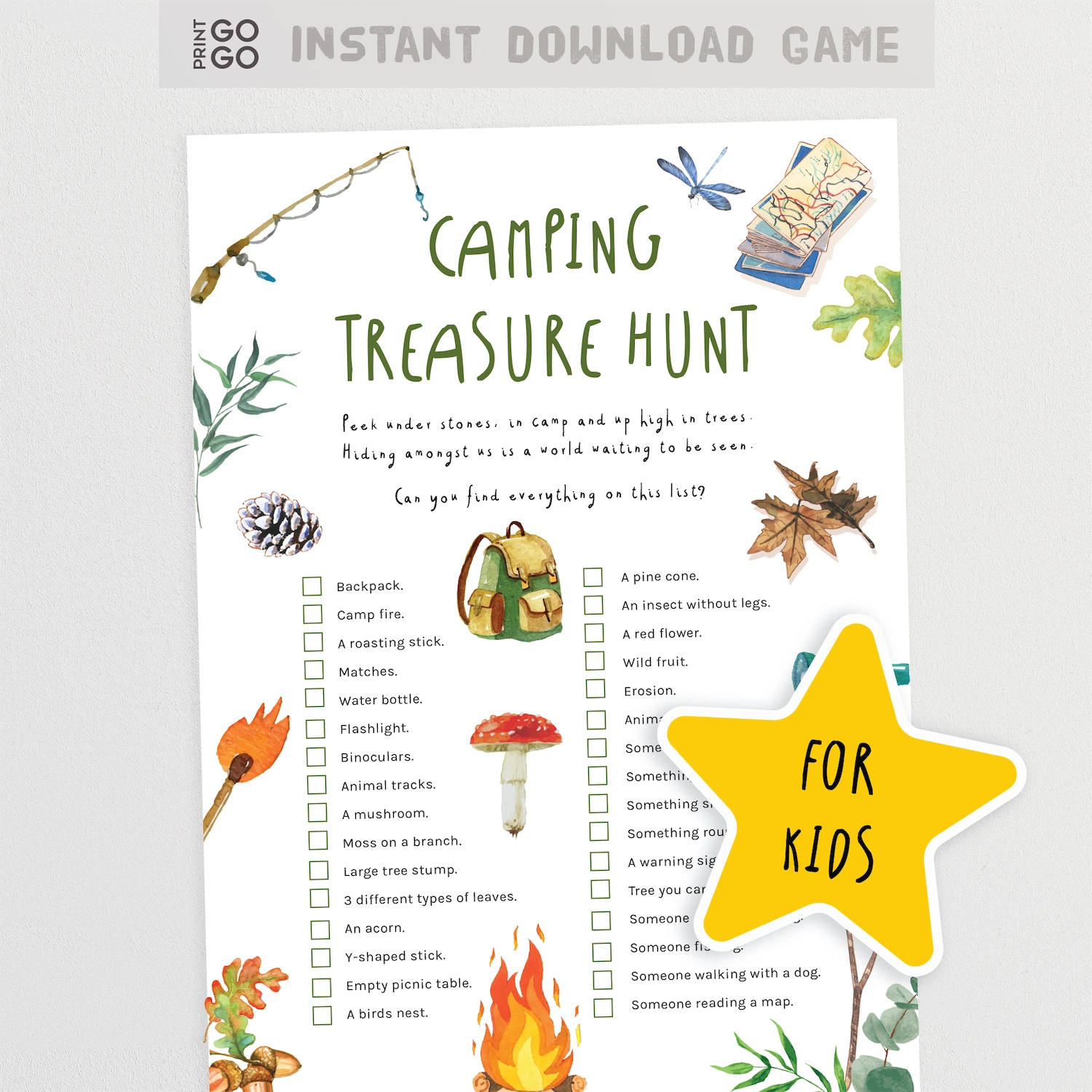 Camping treasure hunt game sheet for kids with illustrations and text on a white background.