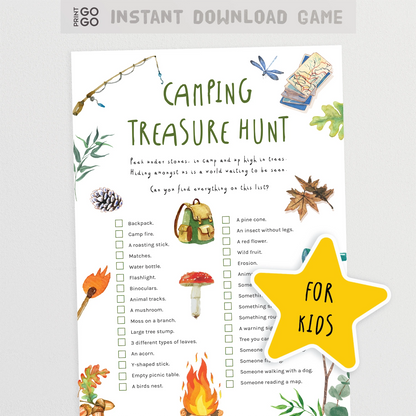 Camping treasure hunt game sheet for kids with illustrations and text on a white background.